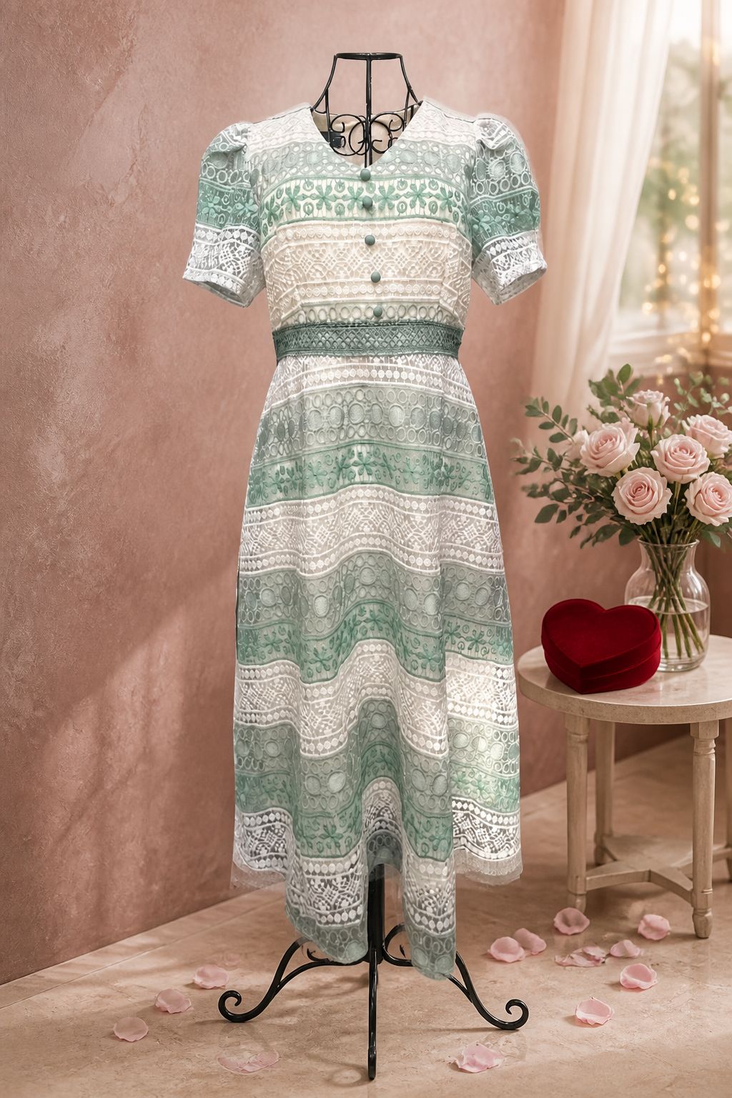 IN_LADY embroidery dress white blue and white green