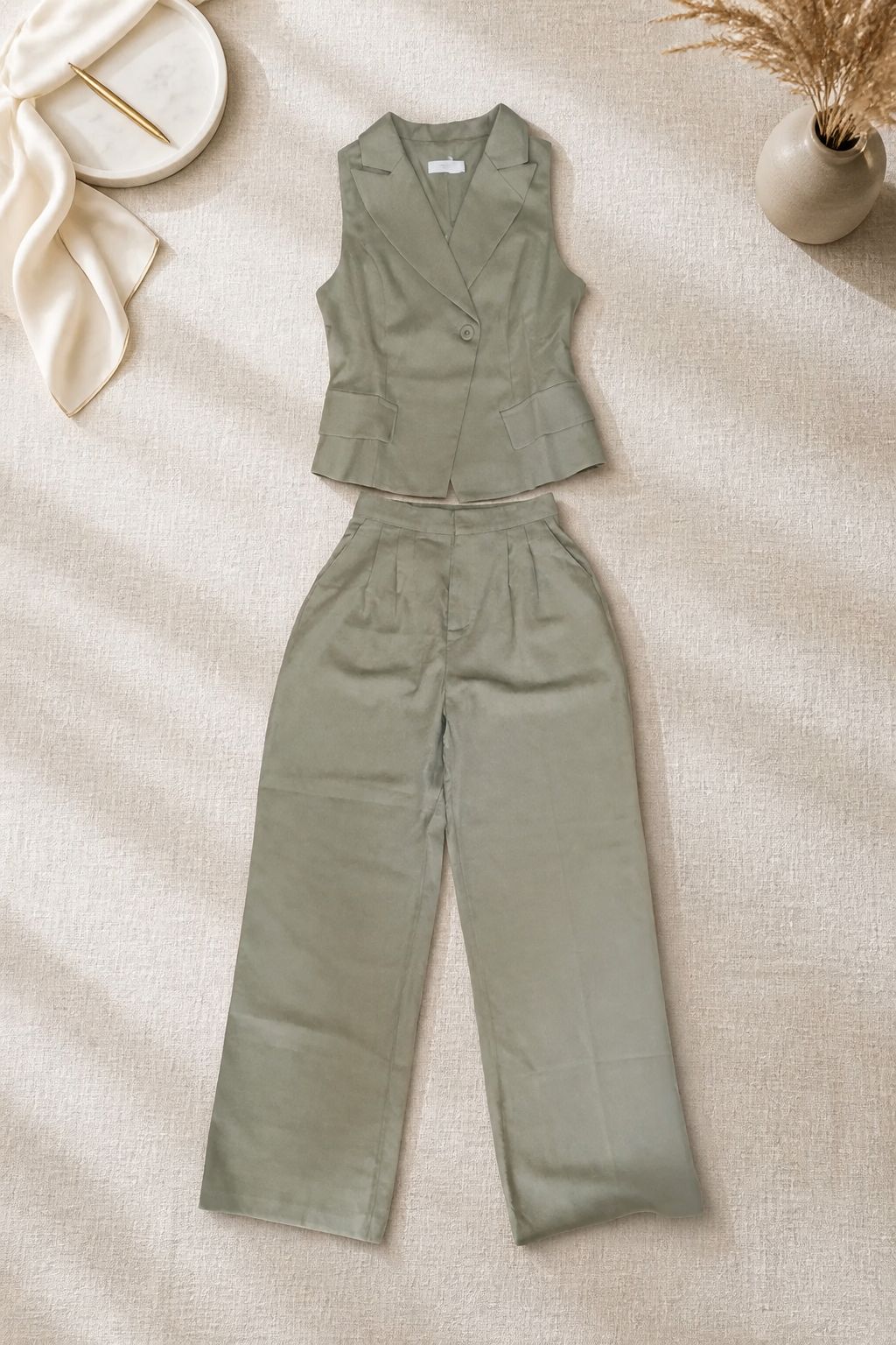 Olive Tailored Vest & Wide‑Leg Trousers Set