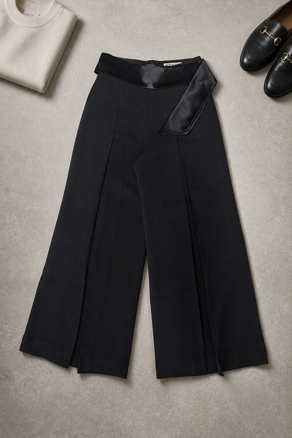 Black Satin‑Waist Wide‑Leg Trousers