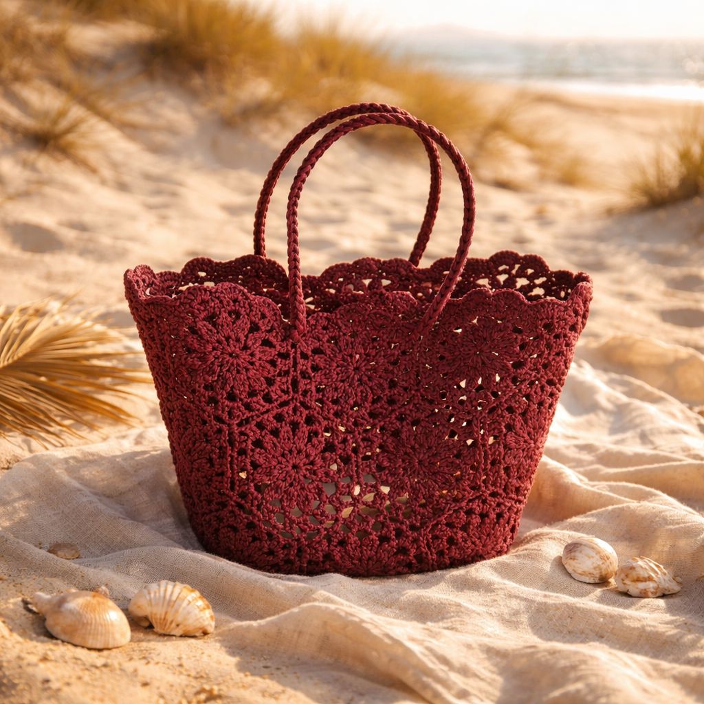 Summer bag knitted- Brown, Maroon & White
