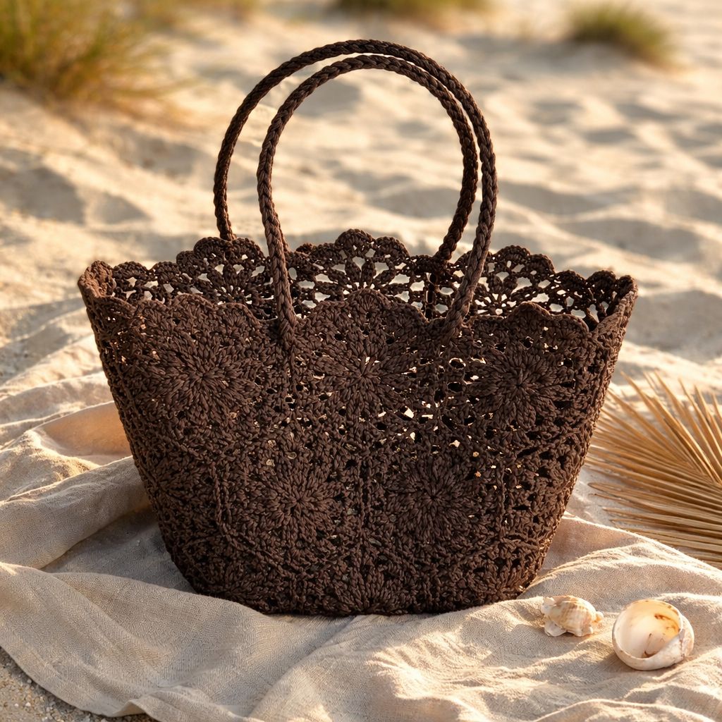 Summer bag knitted- Brown, Maroon & White