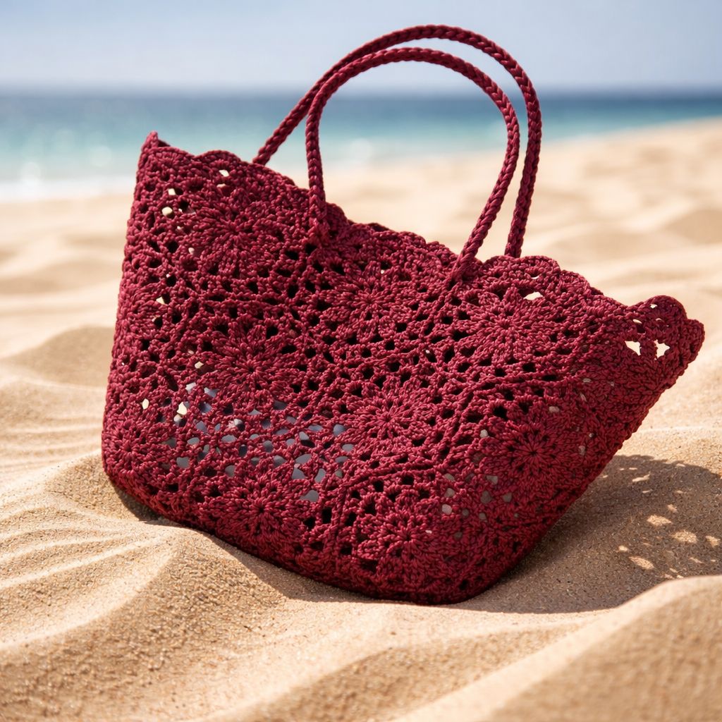 Summer bag knitted- Brown, Maroon & White