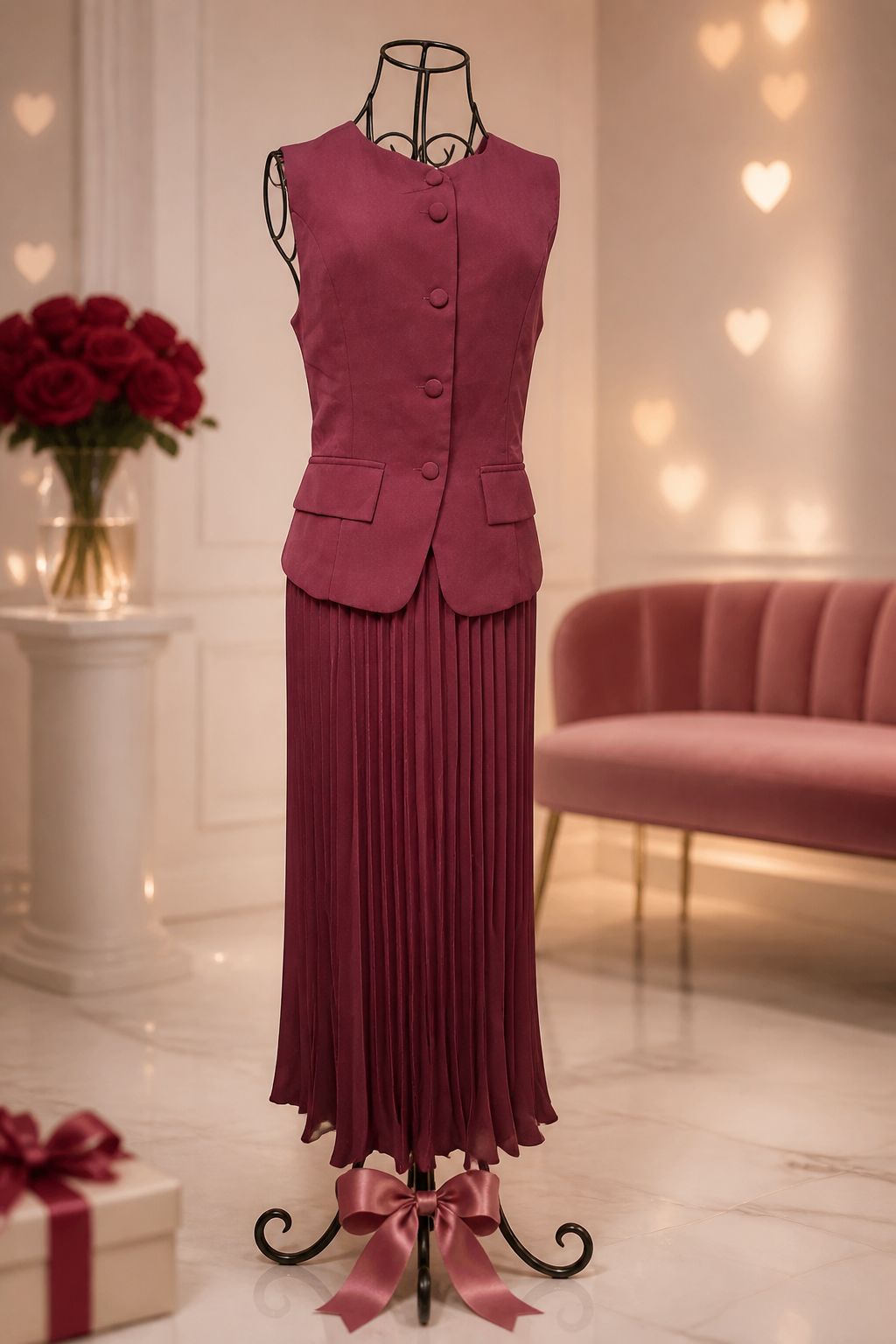 Burgundy Pleated Skirt & Vest Co‑ord Set