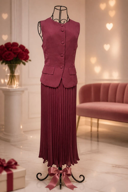 Burgundy Pleated Skirt & Vest Co‑ord Set