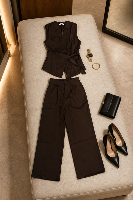 Chocolate Brown Wrap Top & Wide‑Leg Trousers Set