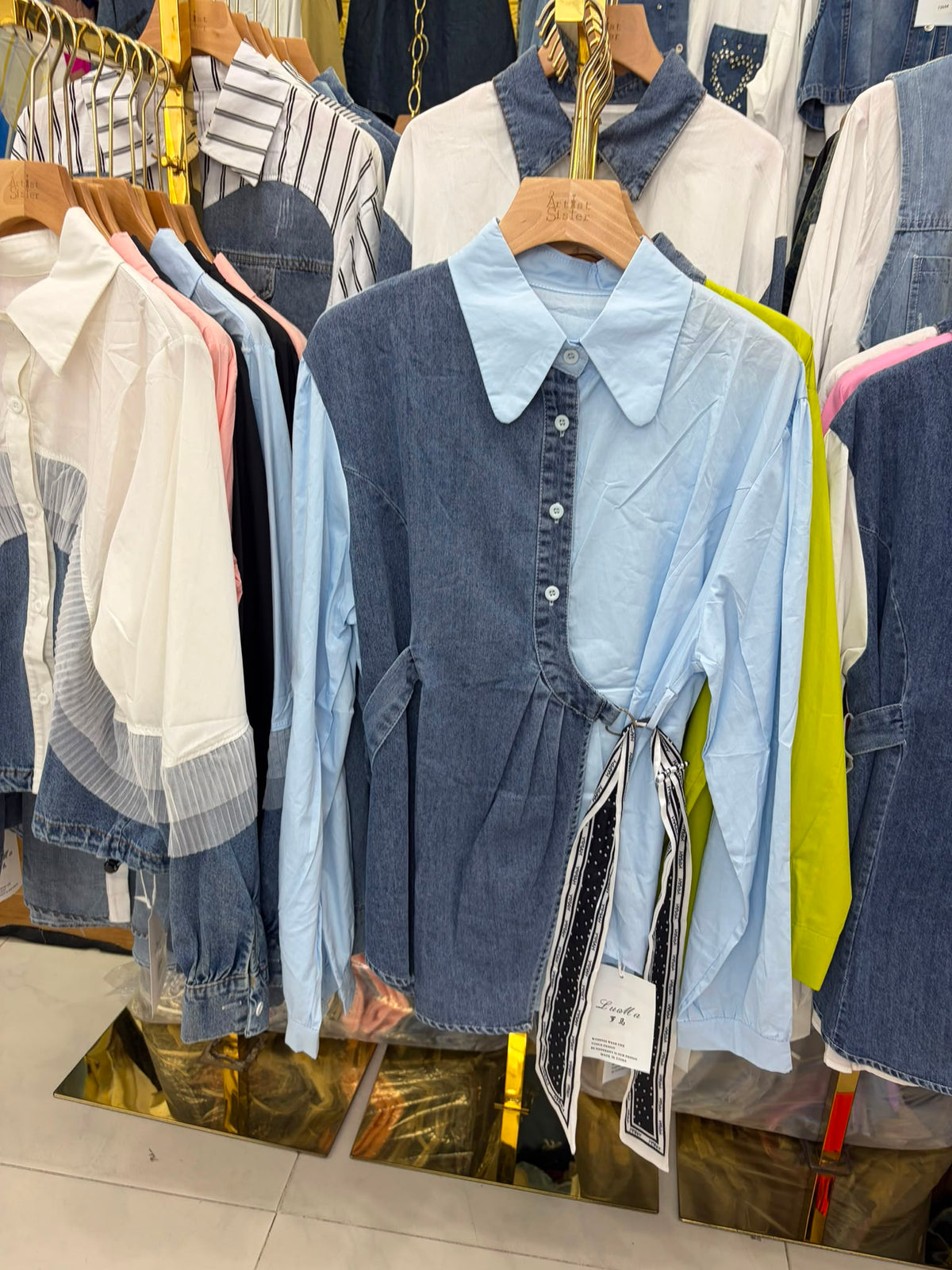 two-tone denim and button-up blouse